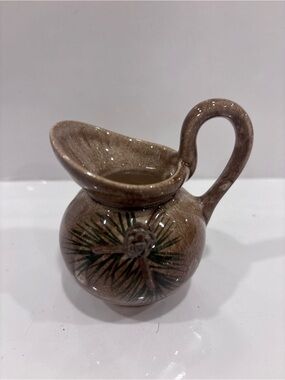 Vintage Miniature Ceramic Cream Pitcher Pinecone & Pine Branch Brown Pottery Jug